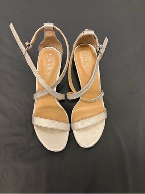 Lauren Ralph Lauren metallic silver ankle strap heels in women’s size 9B.